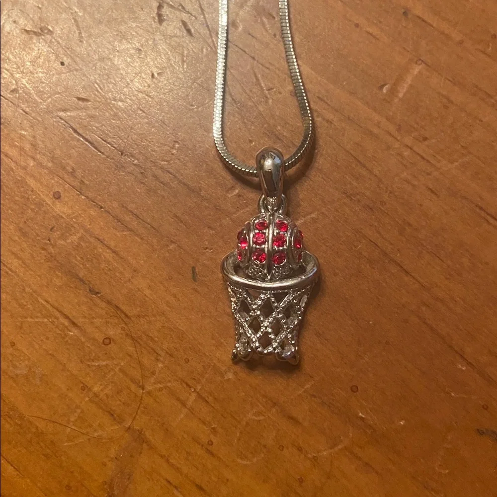 Silver color basketball necklace 9.5” with red crystals